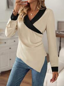 SHEIN Clasi 拼接邊褶邊不對稱下擺襯衫 - 卡其色 - 查看 5