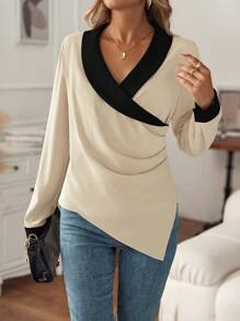 SHEIN Clasi 拼接邊褶邊不對稱下擺襯衫 - 卡其色 - 查看 6