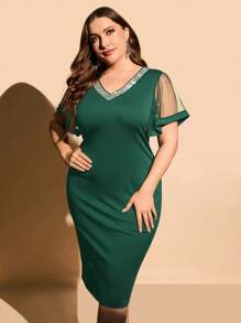 SHEIN Clasi Plus Contrast Mesh Flounce Sleeve Dress