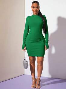 SHEIN SXY Cổ giả Viền ven Váy bodycon - màu xanh lá - Xem 3