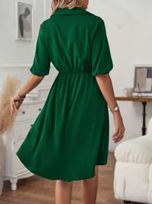 SHEIN LUNE 素色半排扣前襯衫洋裝 - 墨綠色 - 查看 2