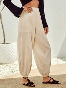 Soleia 素色彈性腰帶蘿蔔褲 - 米色 - 查看 1