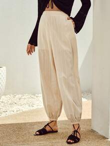 Soleia 素色彈性腰帶蘿蔔褲 - 米色 - 查看 4