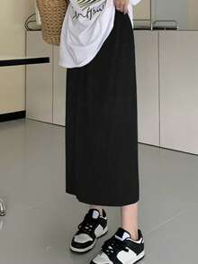 Solid Elastic Waist Skirt