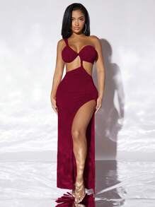 SHEIN SXY One Shoulder Cut Out Split Thigh Dress - Burgundy - View 1