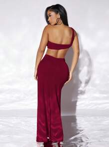 SHEIN SXY One Shoulder Cut Out Split Thigh Dress - Burgundy - View 2