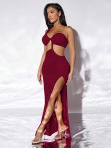 SHEIN SXY One Shoulder Cut Out Split Thigh Dress - Burgundy - View 3