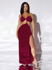SHEIN SXY One Shoulder Cut Out Split Thigh Dress - Burgundy - View 4