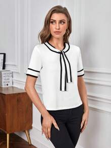 SHEIN Privé Contrast Binding Tie Neck Tee - White - View 6