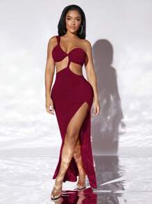 SHEIN SXY One Shoulder Cut Out Split Thigh Dress - Burgundy - View 5