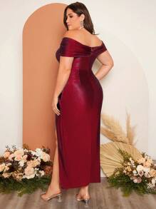 SHEIN Belle Váy phù dâu hở vai màu đỏ tía cộng thêm xẻ đùi phía trước - Màu Đỏ Sâu - Xem 2