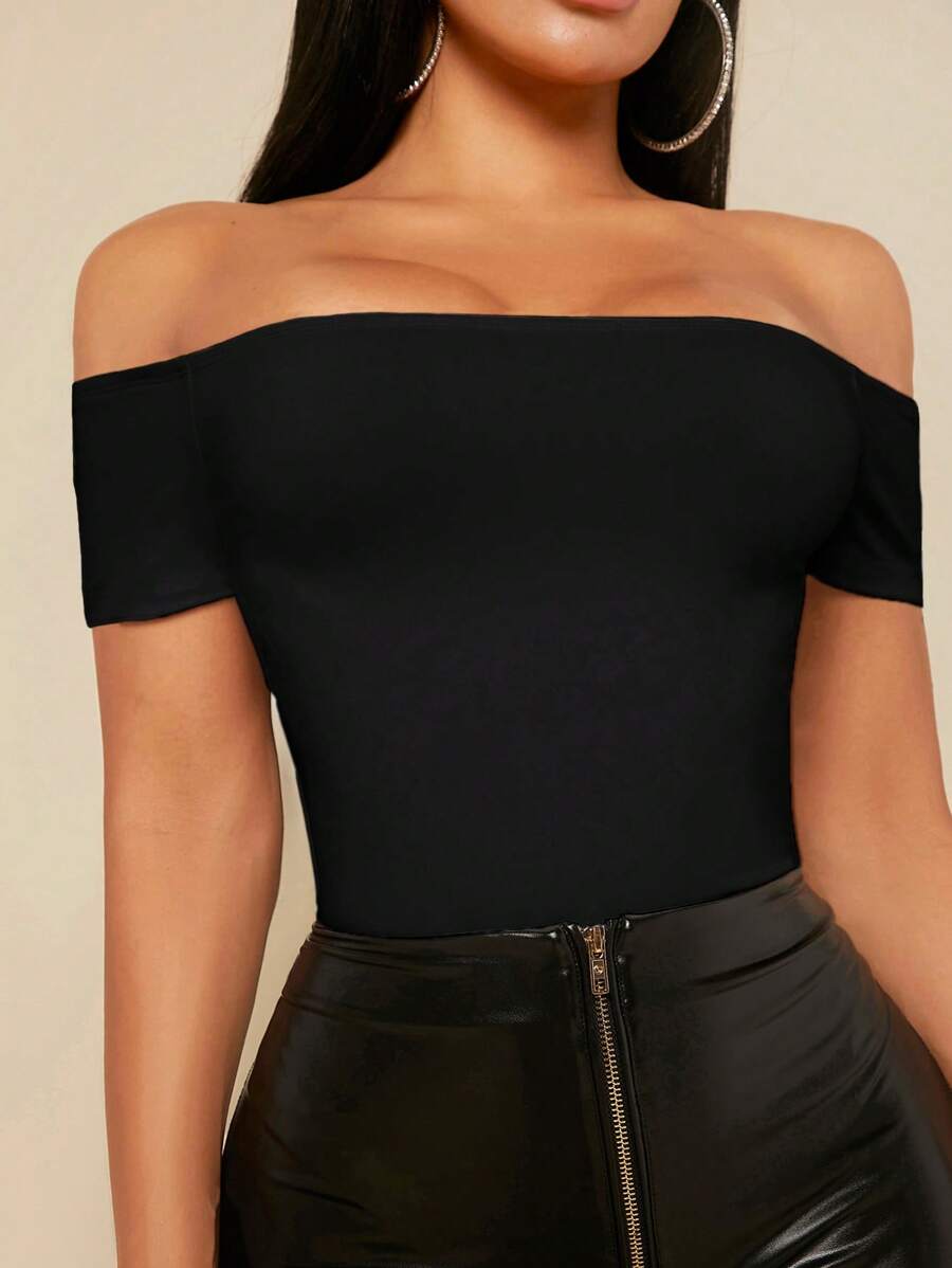 SHEIN SXY Off Shoulder Solid Women Outfit Black Bodysuit - Black - View 1