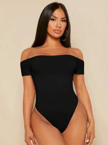 SHEIN SXY Off Shoulder Solid Women Outfit Black Bodysuit - Black - View 3