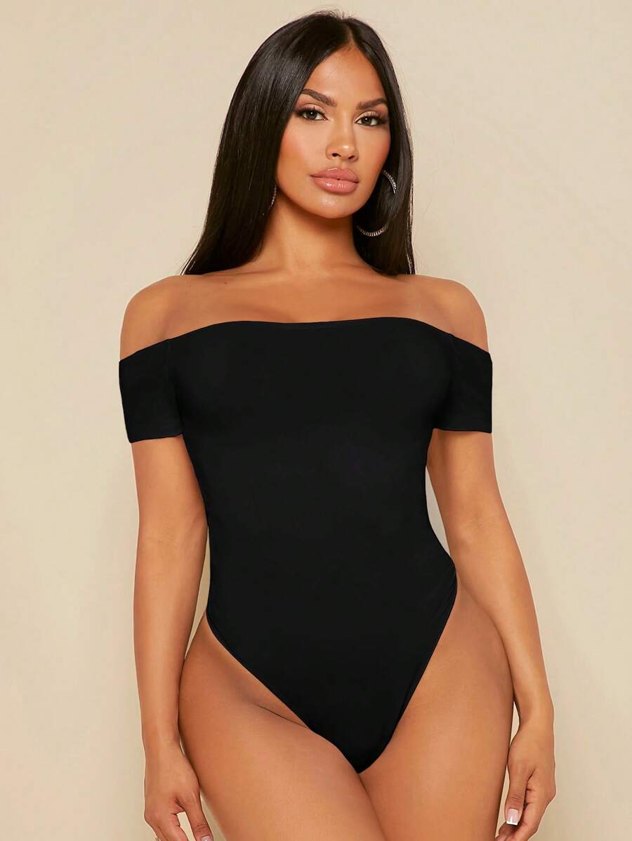 SHEIN SXY Off Shoulder Solid Women Outfit Black Bodysuit - Black - View 1
