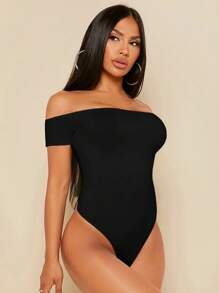 SHEIN SXY Off Shoulder Solid Women Outfit Black Bodysuit - Black - View 4