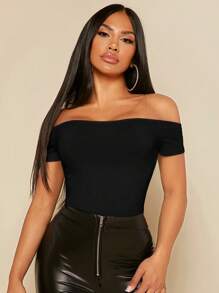 SHEIN SXY Off Shoulder Solid Women Outfit Black Bodysuit - Black - View 5