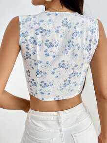SHEIN Essnce Ditsy Floral Print Bow Front Crop Blouse - White - View 2