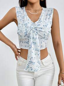 SHEIN Essnce Ditsy Floral Print Bow Front Crop Blouse - White - View 4