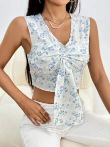 SHEIN Essnce Ditsy Floral Print Bow Front Crop Blouse - White - View 6