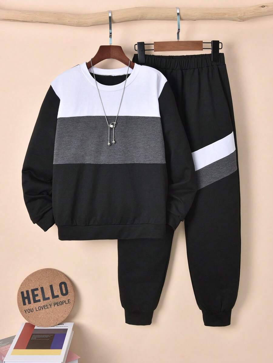 Cậu bé Tween Cổ điển Vá lại Tay áo dài Vòng cổ Bộ áo thể thao và quần thể thao - màu đen - Xem 1