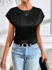 SHEIN Privé Pha lê Chuỗi Xoay lại tay cánh Xa ten Áo sơ mi - màu đen - Xem 4