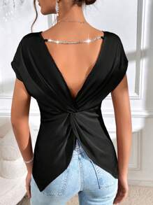 SHEIN Privé Pha lê Chuỗi Xoay lại tay cánh Xa ten Áo sơ mi - màu đen - Xem 5