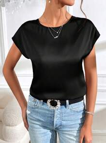 SHEIN Privé Pha lê Chuỗi Xoay lại tay cánh Xa ten Áo sơ mi - màu đen - Xem 6