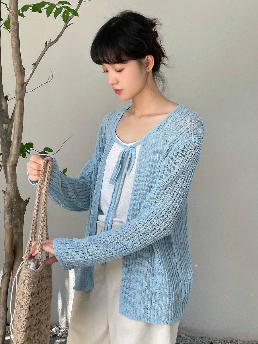 DAZY Tie Front Drop Shoulder Cardigan - Baby Blue - View 1