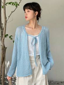 DAZY Tie Front Drop Shoulder Cardigan - Baby Blue - View 5