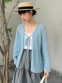 DAZY Tie Front Drop Shoulder Cardigan - Baby Blue - View 6