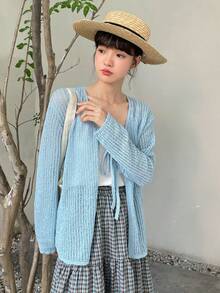 DAZY Tie Front Drop Shoulder Cardigan - Baby Blue - View 7