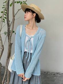 DAZY Tie Front Drop Shoulder Cardigan - Baby Blue - View 8