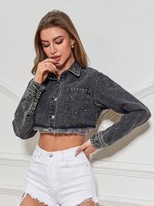 SHEIN Essnce Raw Hem Cắt sửa áo khoác Jacket - Màu xám đen - Xem 1