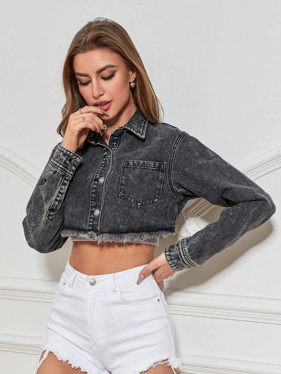 SHEIN Essnce Raw Hem Cắt sửa áo khoác Jacket - Màu xám đen - Xem 1