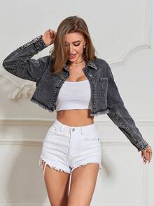 SHEIN Essnce Raw Hem Cắt sửa áo khoác Jacket - Màu xám đen - Xem 5