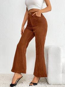 SHEIN Essnce High Waist Flare Leg Corduroy Trousers - Rust Brown - View 1