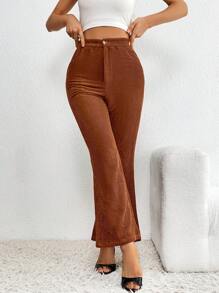 SHEIN Essnce High Waist Flare Leg Corduroy Trousers - Rust Brown - View 3