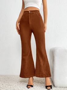 SHEIN Essnce High Waist Flare Leg Corduroy Trousers - Rust Brown - View 4