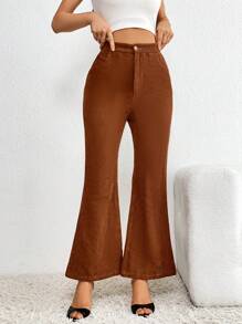 SHEIN Essnce High Waist Flare Leg Corduroy Trousers - Rust Brown - View 5