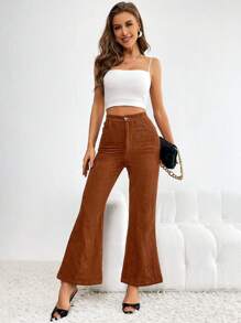 SHEIN Essnce High Waist Flare Leg Corduroy Trousers - Rust Brown - View 6