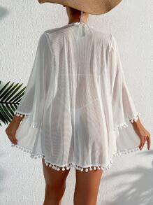 Pom Pom Trim Open Front Kimono, For Summer Beach Vacation - White - View 2