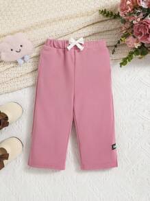 SHEIN Baby Boy Letter Patched Detail Knot Waist Pants - Dusty Pink - View 1
