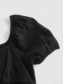 SHEIN MOD Vestido campesino de cuello de corazón con manga abullonada y doble capa en el dobladillo - Negro - Ver 4