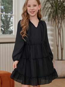 Young Girl Tie Neck Ruffle Hem Dress - Black - View 1