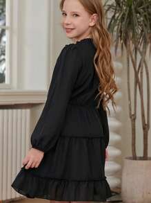 Young Girl Tie Neck Ruffle Hem Dress - Black - View 2