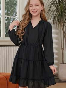 Young Girl Tie Neck Ruffle Hem Dress - Black - View 3