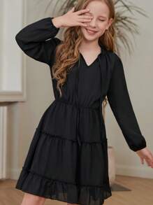 Young Girl Tie Neck Ruffle Hem Dress - Black - View 4