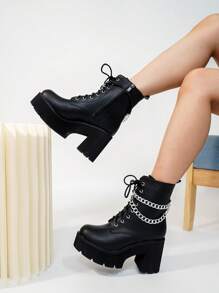 Women's Fashion Black Casual Vacation Minimalist Platform Thick Sole Ankle Boots, Autumn/Winter - Black - View 1