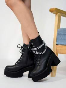 Women's Fashion Black Casual Vacation Minimalist Platform Thick Sole Ankle Boots, Autumn/Winter - Black - View 2