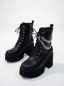 Women's Fashion Black Casual Vacation Minimalist Platform Thick Sole Ankle Boots, Autumn/Winter - Black - View 3